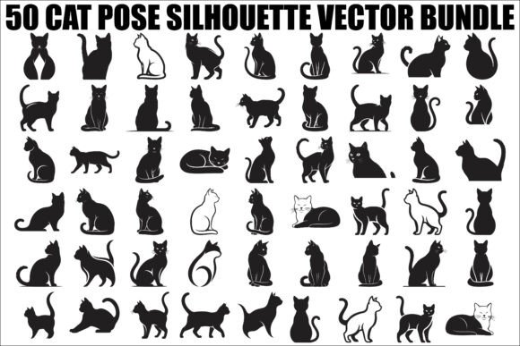 50 Cat Pose Silhouette Vector Bundle for Designers