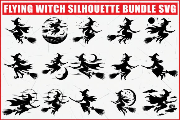 Enchant Your Halloween Designs with Flying Witch Silhouettes