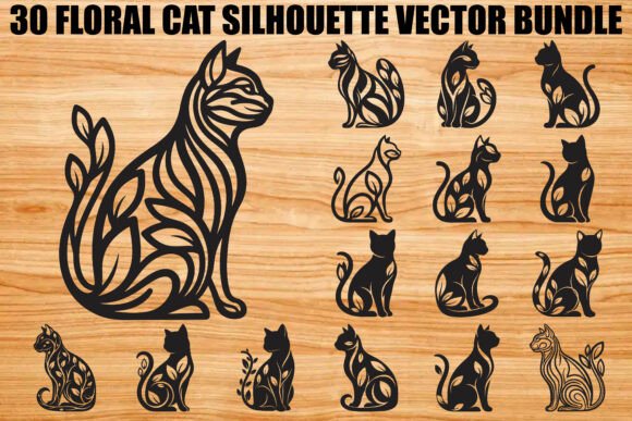 Floral Cat Silhouette Bundle: 30 Artistic Vector Designs
