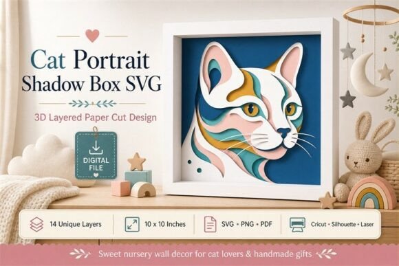 Stunning Cat Portrait Shadow Box Svg: 14 Layered Papercut Art
